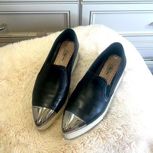 Vintage Miu Miu Pointed Metallic Metal Cap-Toe Skate Black Leather Sneakers (38)